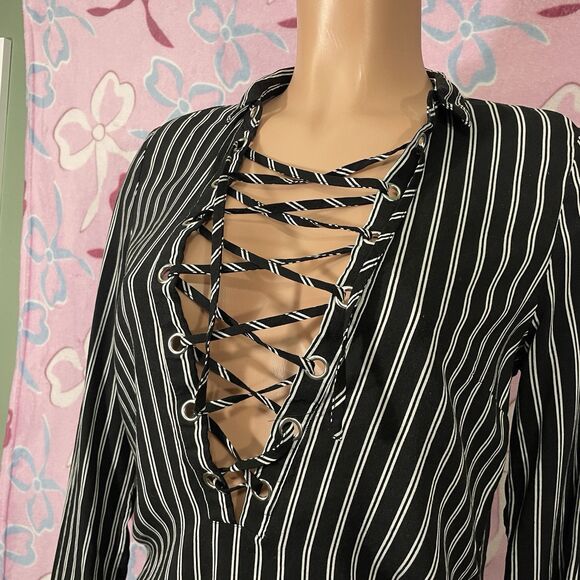 H&M divided Lace-Up Boho Nautical Shirt Blue Black Striped Size Medium 6 - Picture 2 of 9